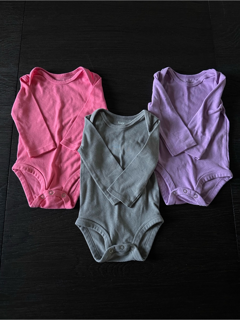 Hanes Long-Sleeve One-Piece Bodysuits - Pink, Gray, Lavender - Set of 3